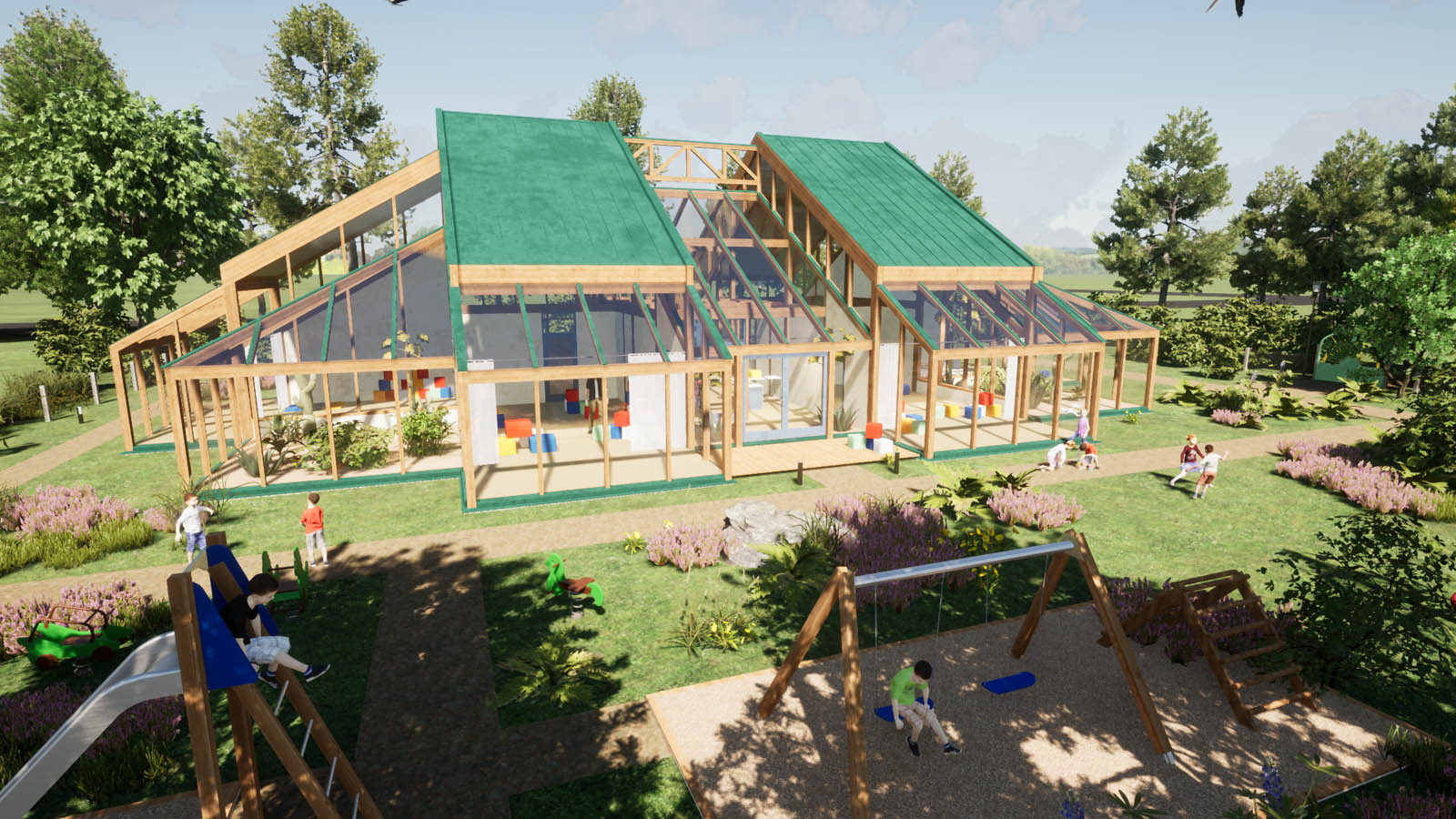 Holzskeletthaus Süd mit Spielgeräten