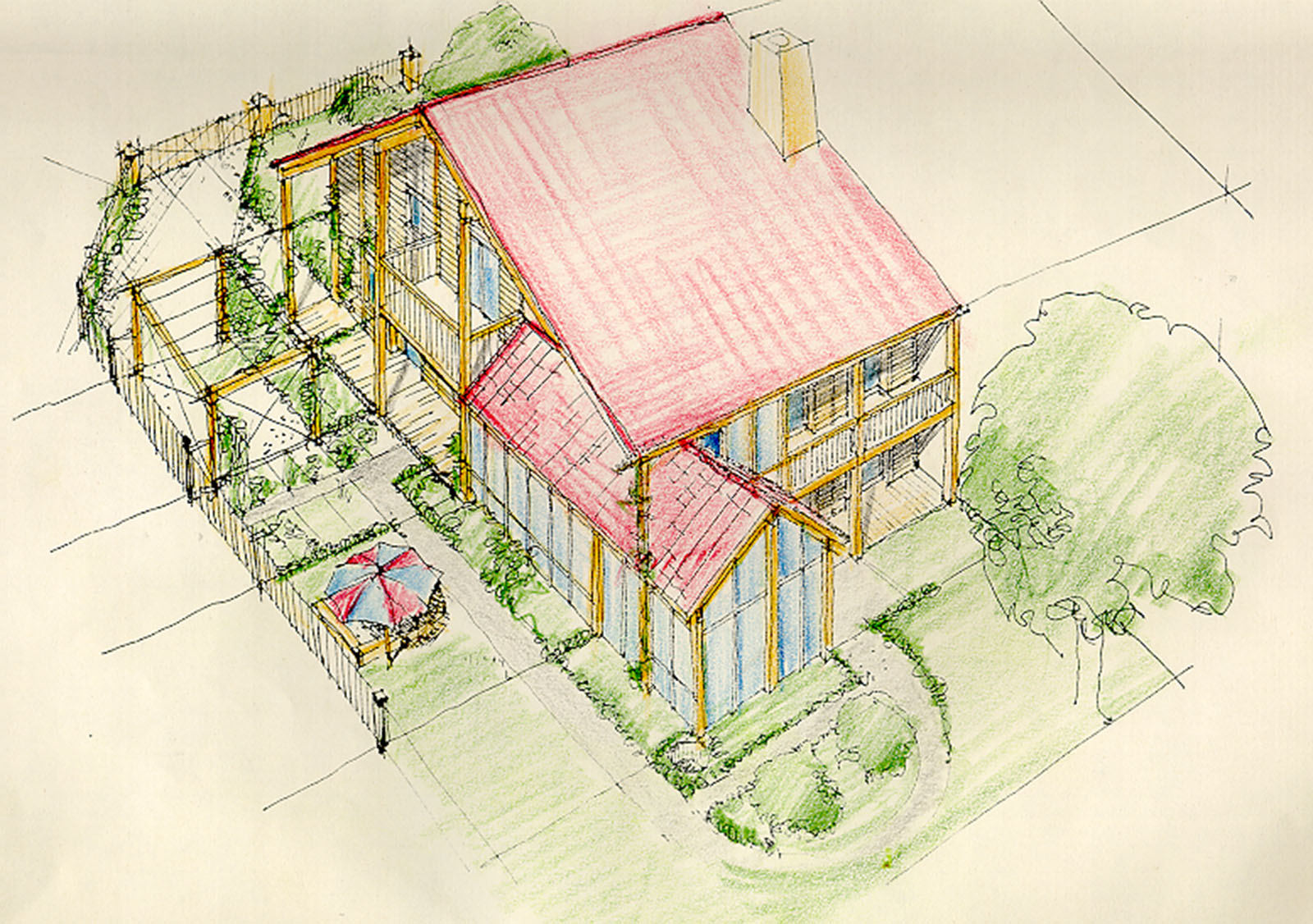 Holzskeletthaus Perspektive der Vögel