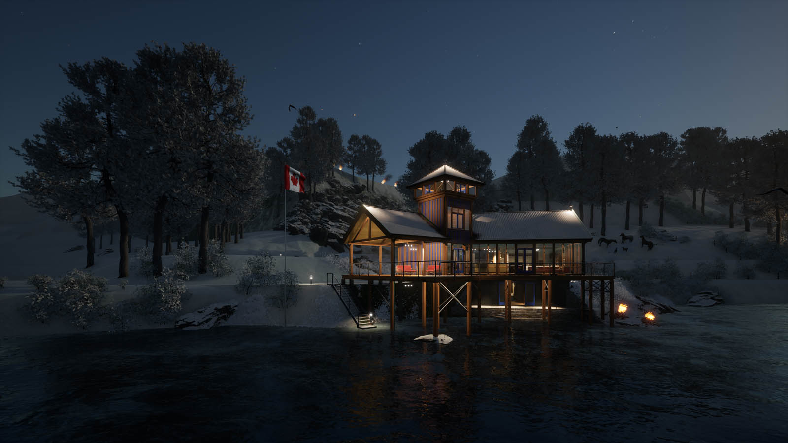 nachts mit Lagerfeuern