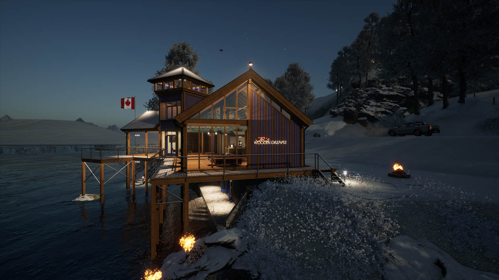 nachts mit Lagerfeuern